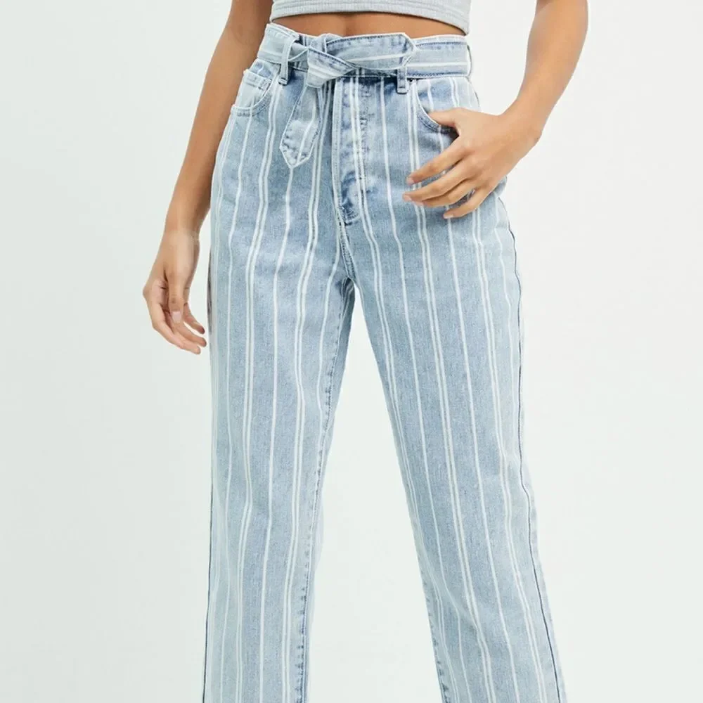 PACSUN 26 Vintage Wash Double White Stripe High Waisted Straight Leg Jeans